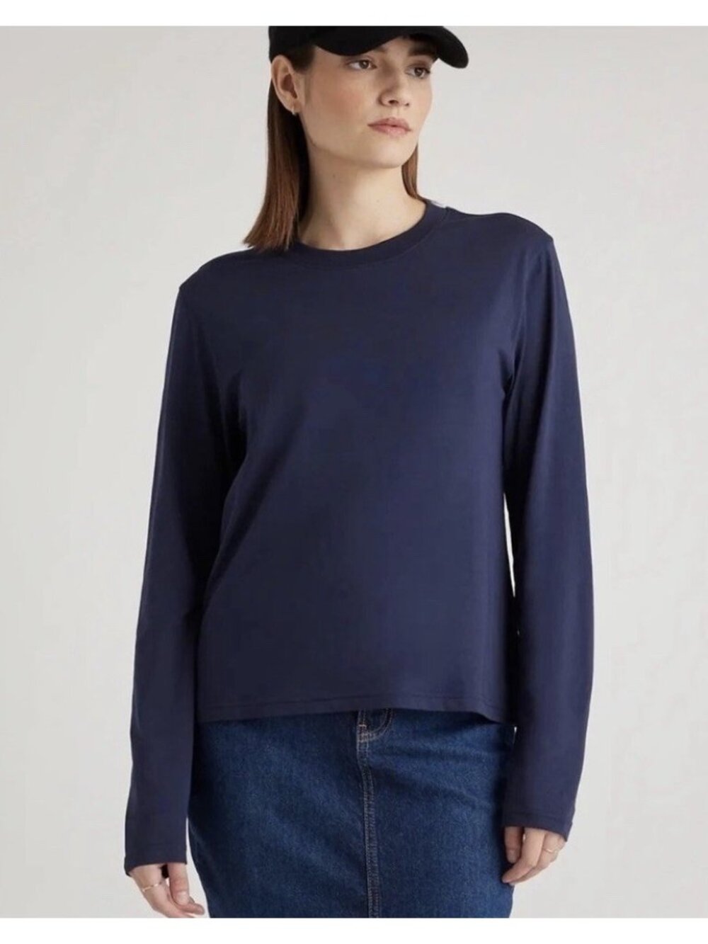 Quince Cotton Relaxed Long Sleeve Tee Navy Women’s XL Cropped Crew Neck